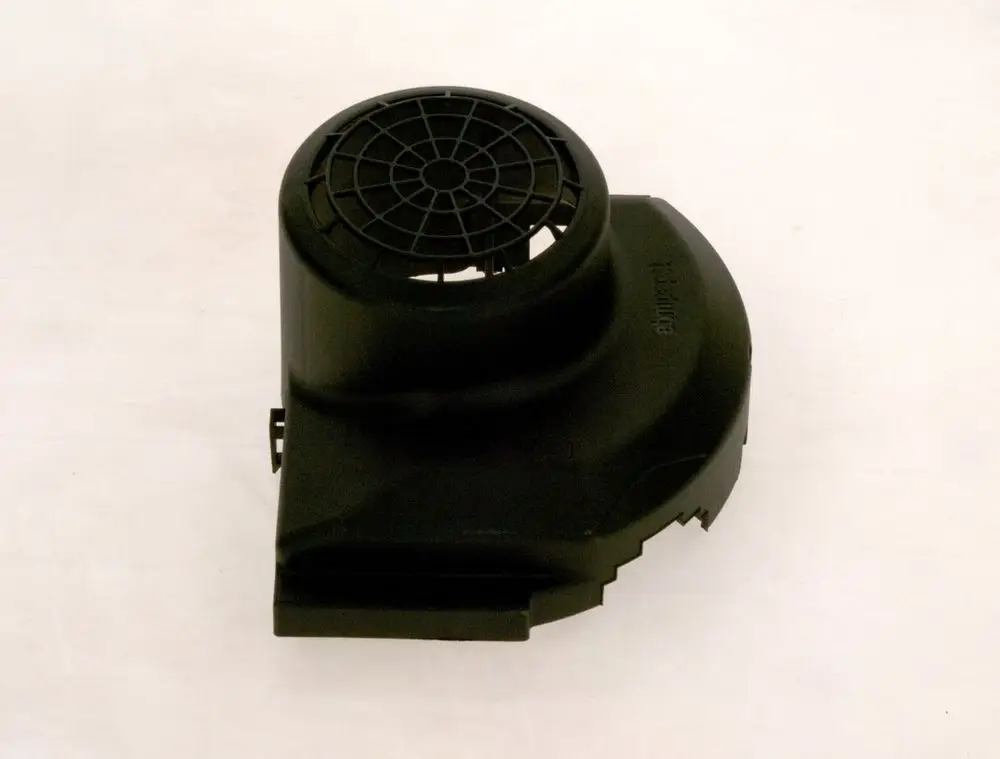 Schwarze Motorschutzkappe von Bosch mit rundem Lüftungsgitter und spezifischer Form, hergestellt aus Kunststoff, auf hellem Hintergrund abgebildet.